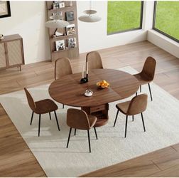 Round Dining Table Set for 6, Extendable 47-59 Inch