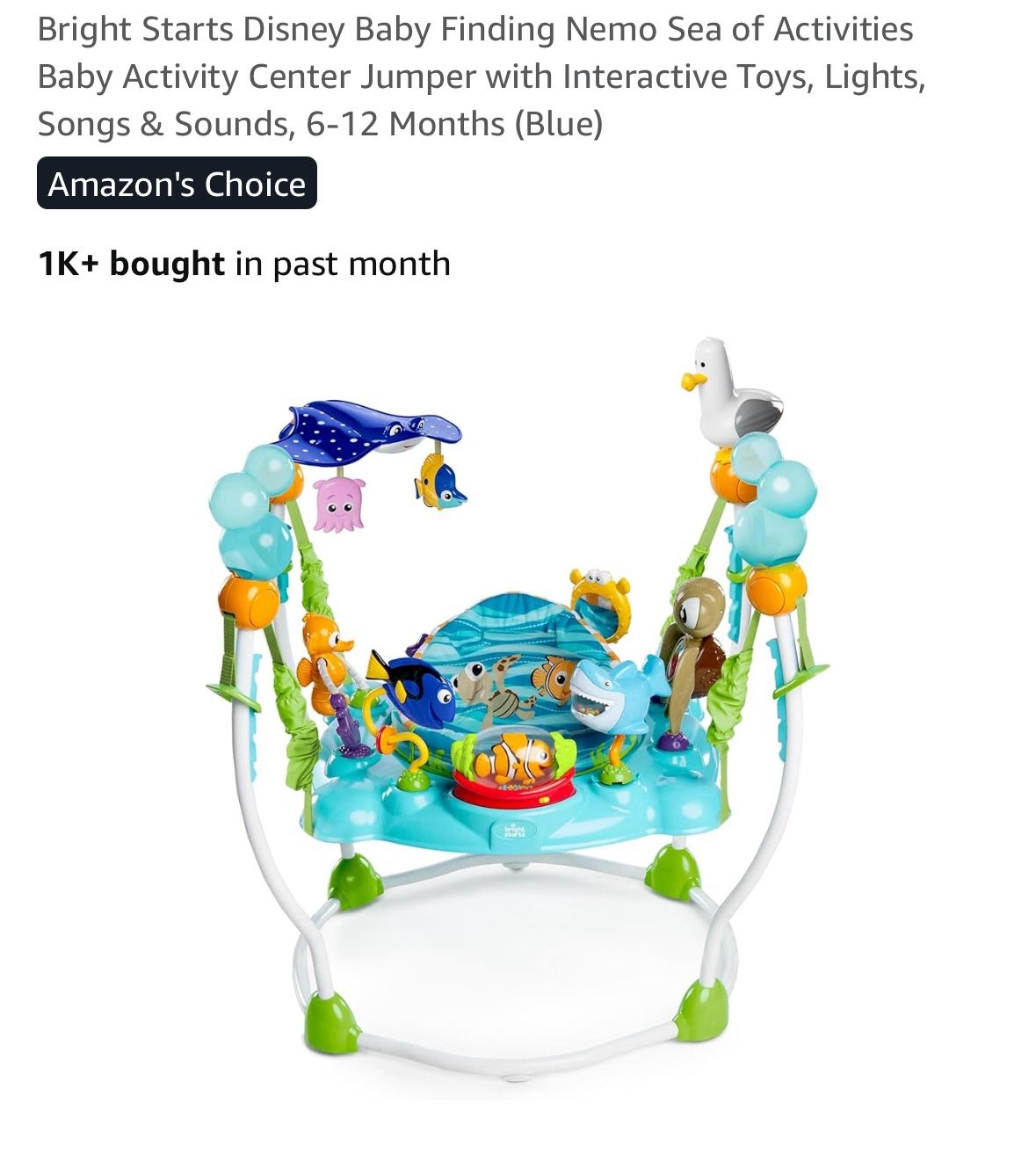 Bright Starts Disney Baby Finding Nemo Sea of Activities Baby Activity Center Jumper with Interactive Toys, Lights, Songs & Sounds, 6-12 Months (Blue)