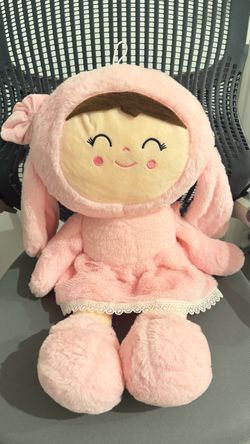 Fluffy Pink Bunny-Hooded Rag Doll Soft Stuffed Toy