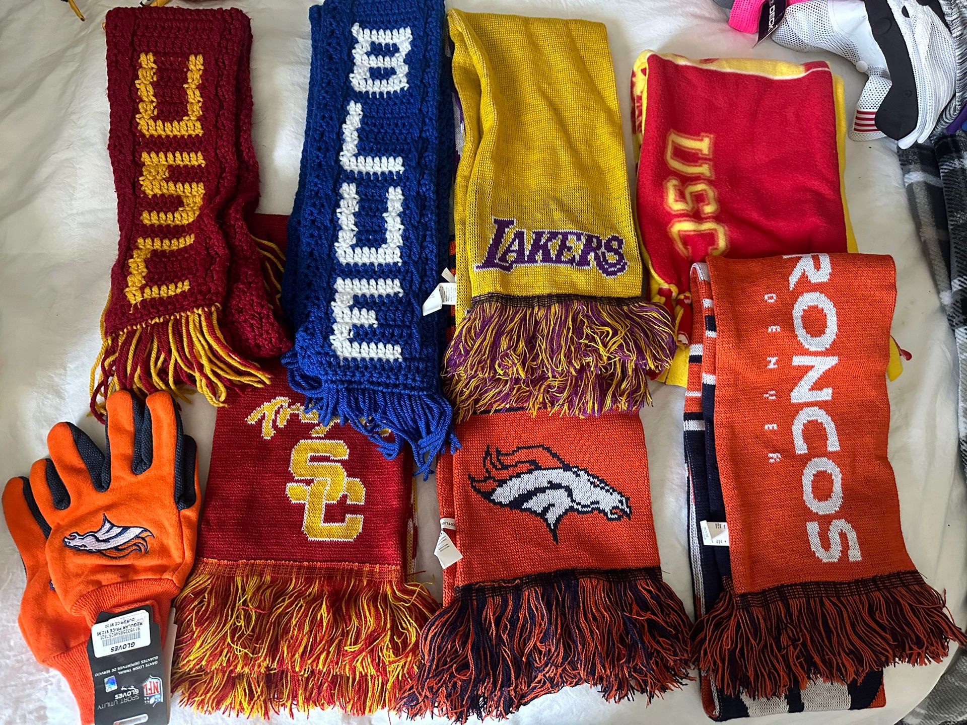 USC, Broncos, Dodgers, Lakers scarfs/gloves 