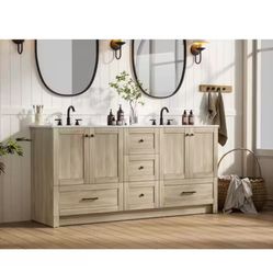 66 in. Double Sink Mango Wood Bath Vanity with White Engineered Marble Top