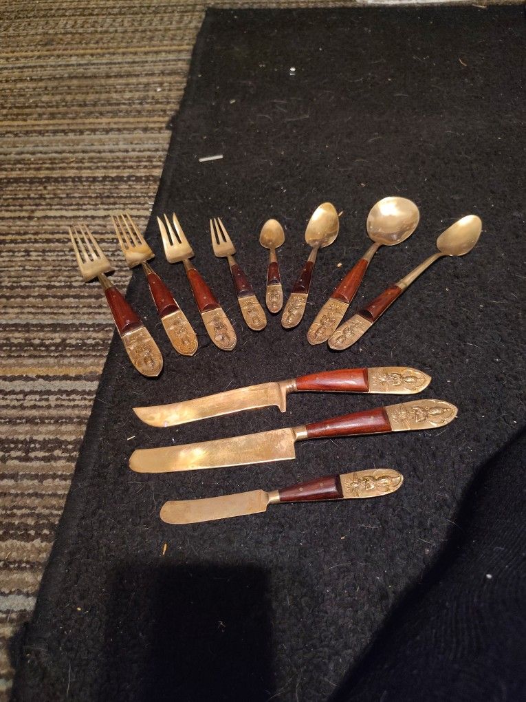 Antique Rosewood And Brass Siam Silverware