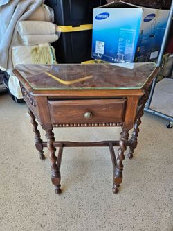 Antique Wood Side Table with Glass Top