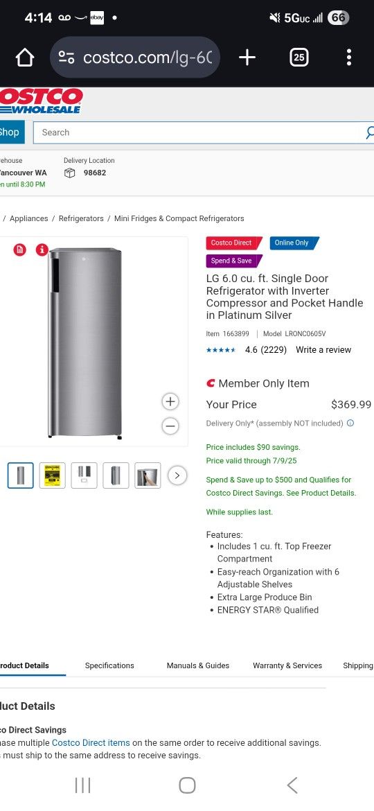 LG 6.0 cu. ft. Single Door Refrigerator with Inverter Compressor and Pocket Handle in Platinum Silver