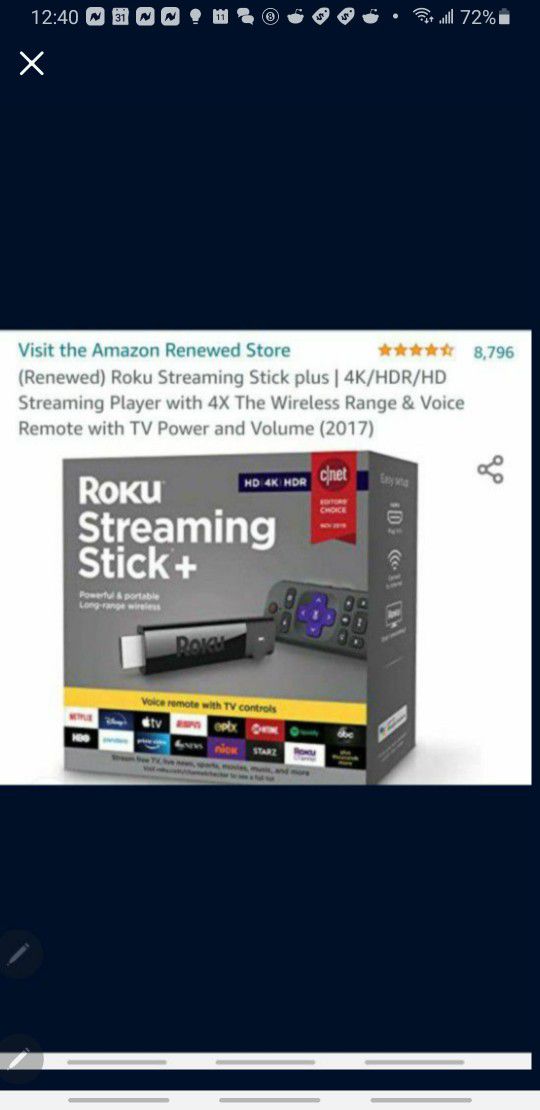 Roku Streaming Stick plus | 4K/HDR/HD Streaming Player with 4X The Wireless Range & Voice Remote with TV Power and Volume  