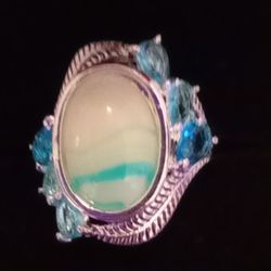 Sterling Silver White Gemstone Ring With Blue And Green Stones Size 6