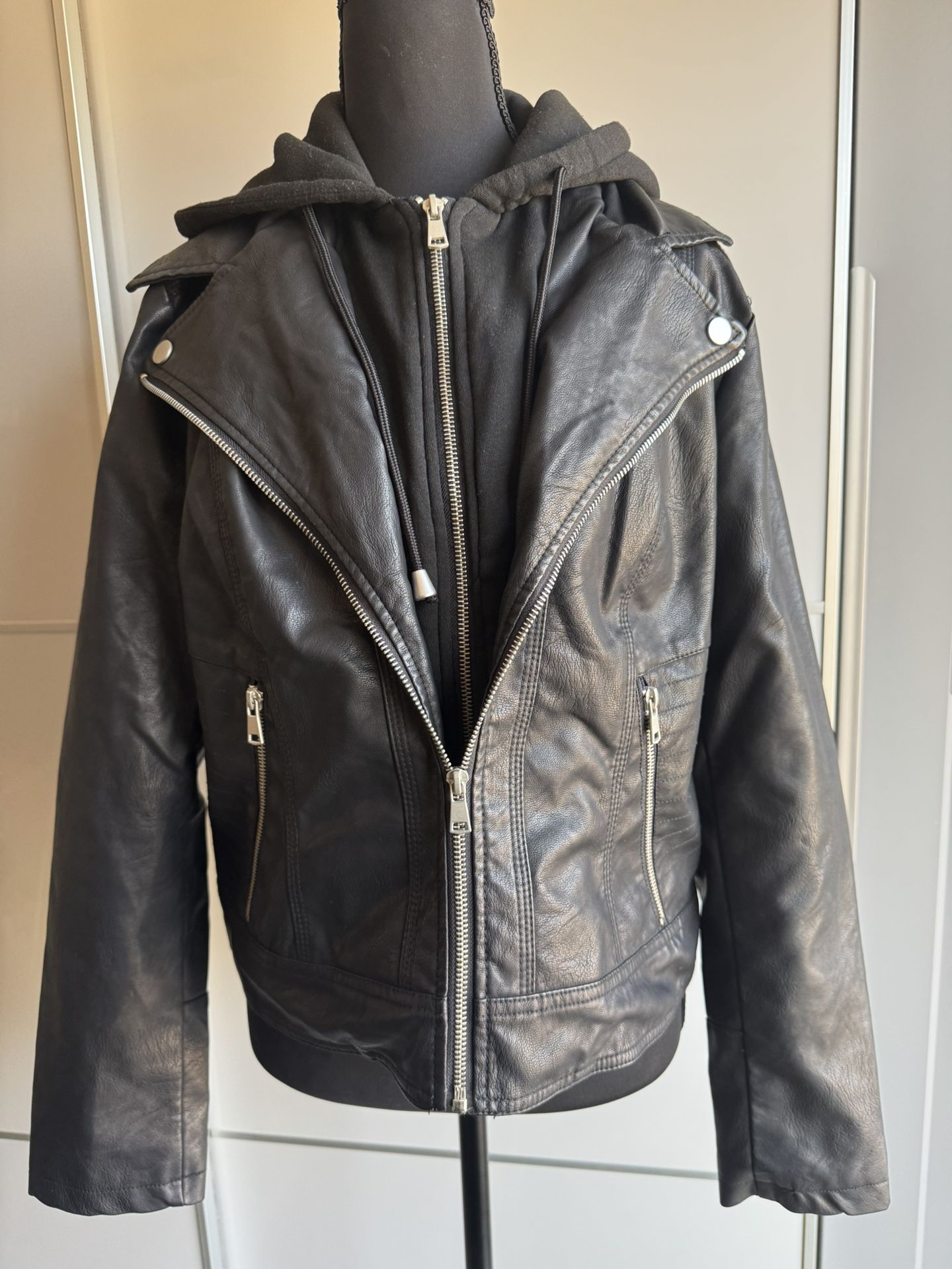 Faux Leather Sweatshirt Hoodie Jacket