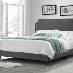 Brand New Regal Upholstered Bed w/Nail Trim Headboard, Queen