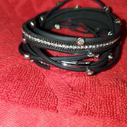 Women's Azora Black Leather Multi Strand With Rhinestones (Bracelet)