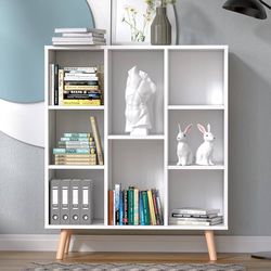  White Small Bookshelf, Wood 8 Cube Storage Organizer Book Shelves with Legs, Freestanding Open Shelf Modern Bookcase for Bedroom, Office, Living Room
