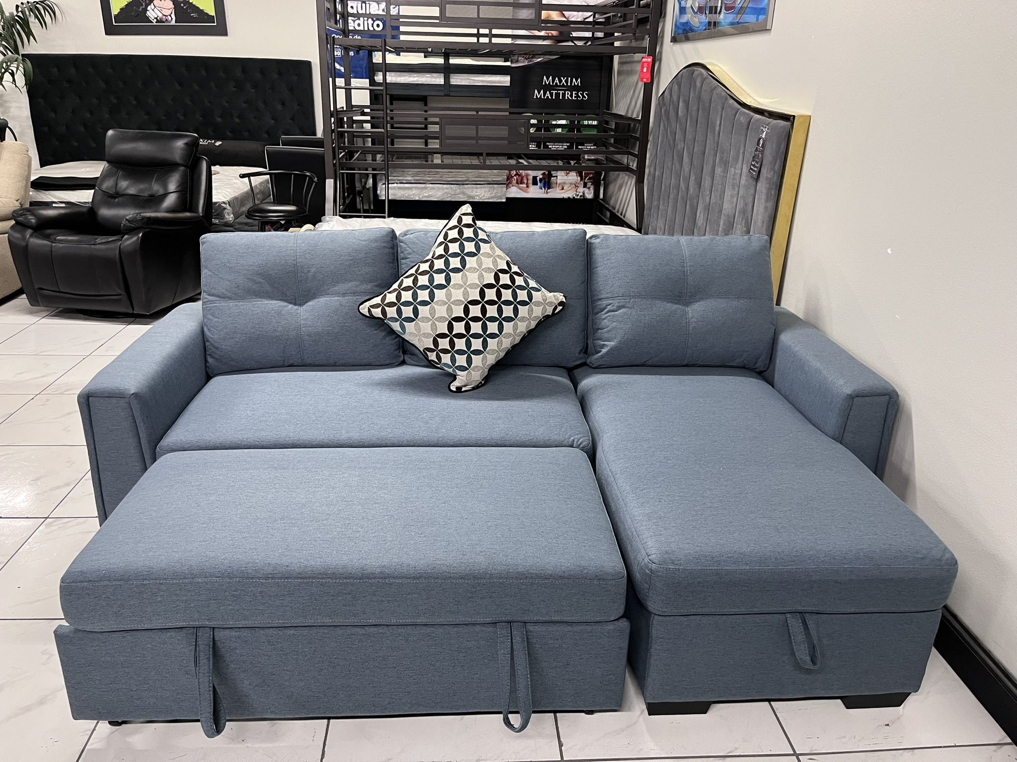 Sleeper Sectional With Storage Chaise 💙 Blue Color