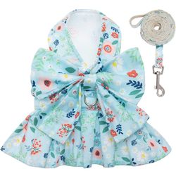 Beand New Small Dog Dress Harness and Leash Set - No Pull Cute Floral Bow Tie Dog Vest Harness Dress with Short Dog Leash Walking Outdoor 
