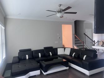 Black And White Italian Leather Sectional With LED Light