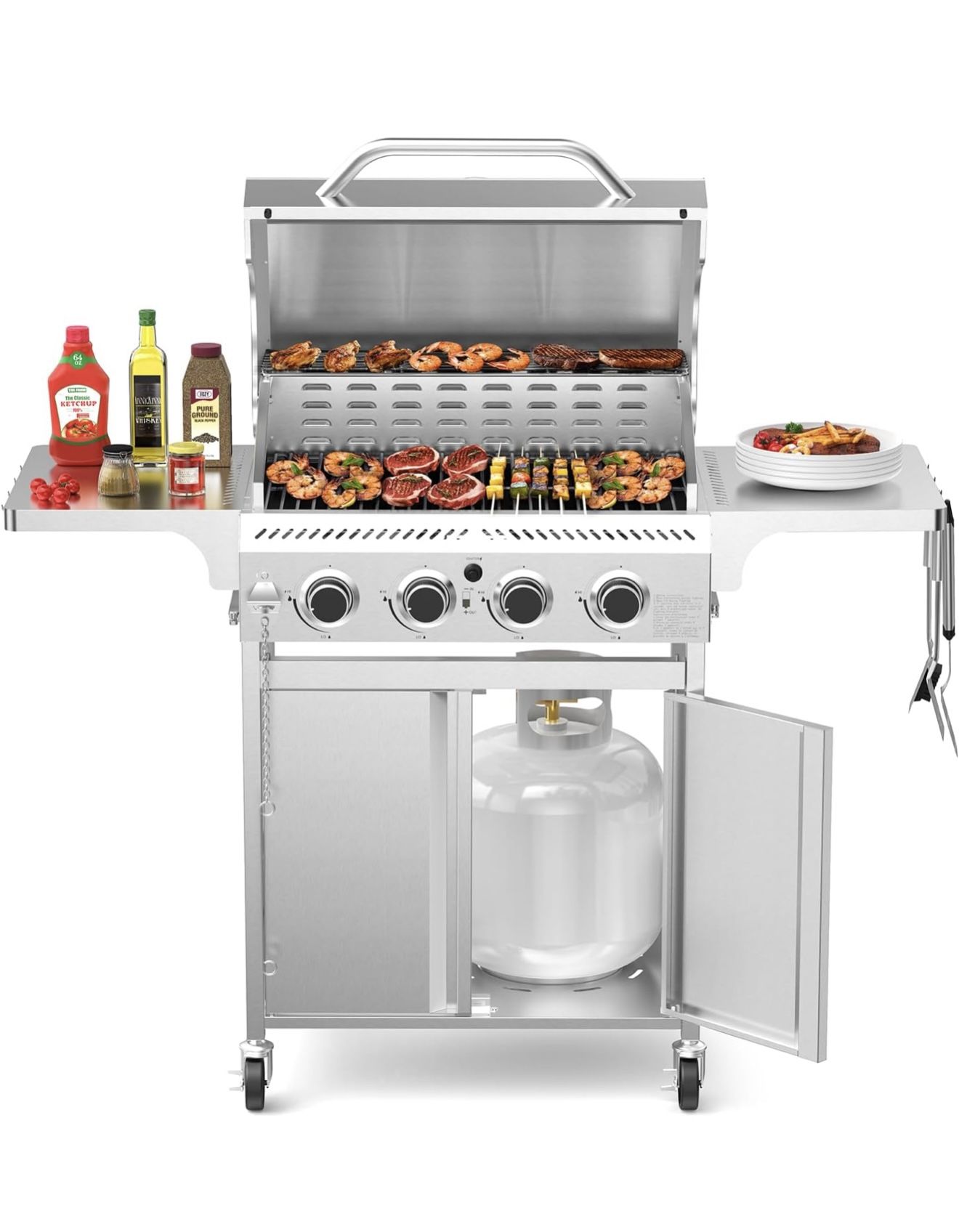 4-Burner Propane Gas Grill with 304 Stainless Steel Cooking Grid, Hanging Hooks/Heat-Resistant Handle, 32000BTU Stainless Steel Outdoor BBQ Grill with