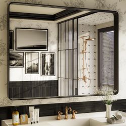 ISKM Black Framed Mirror for Bathroom 48" x 36" Decorative Rectangular Wall Mounted Mirror Shatter-Proof Best for Washroom, Bedroom, Living Room (Hori