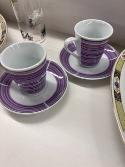 Striped Ceramic Espresso Cups and Saucers Set of 2