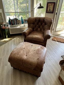 Vintage Leather Writer’s Chair & Ottoman In Style Of Ralph Lauren