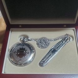 COLIBRI POCKET WATCH SILVER PLATED  WITH GOLD MARKERS with chain & pocket knife