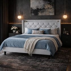 King Bed Frame with Charging Station, Velvet Upholstered Platform Bed Frame with Wingback Storage Headboard, Solid Wood Slats Support, No Box Spring N