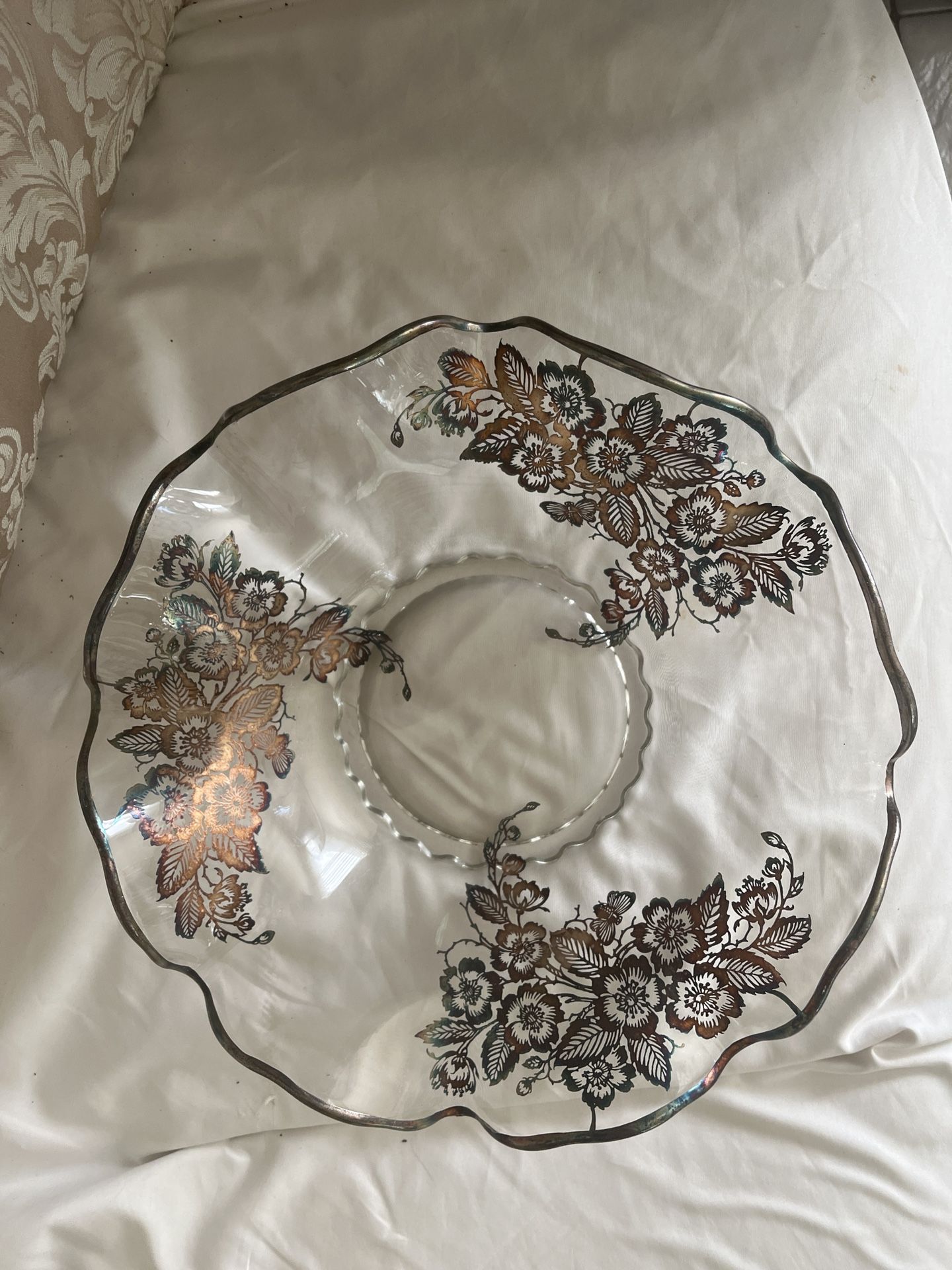 Antique/Vintage Floral Glass decorative bowl approx w12”H4.5”