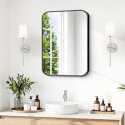 16x20 inch Bathroom Mirror,Black Rectangle Mirror,Wall Mounted Bathroom Frame Vanity Mirror with Round Corner for Bedroom Living Room,Entryway Hangs H