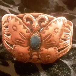 Vintage, HANDMADE, Navajo Bell Trading Post, SOLID COPPER & TURQUISE BUTTERFLY CUFF BRACELET c1960's Boho Chic!