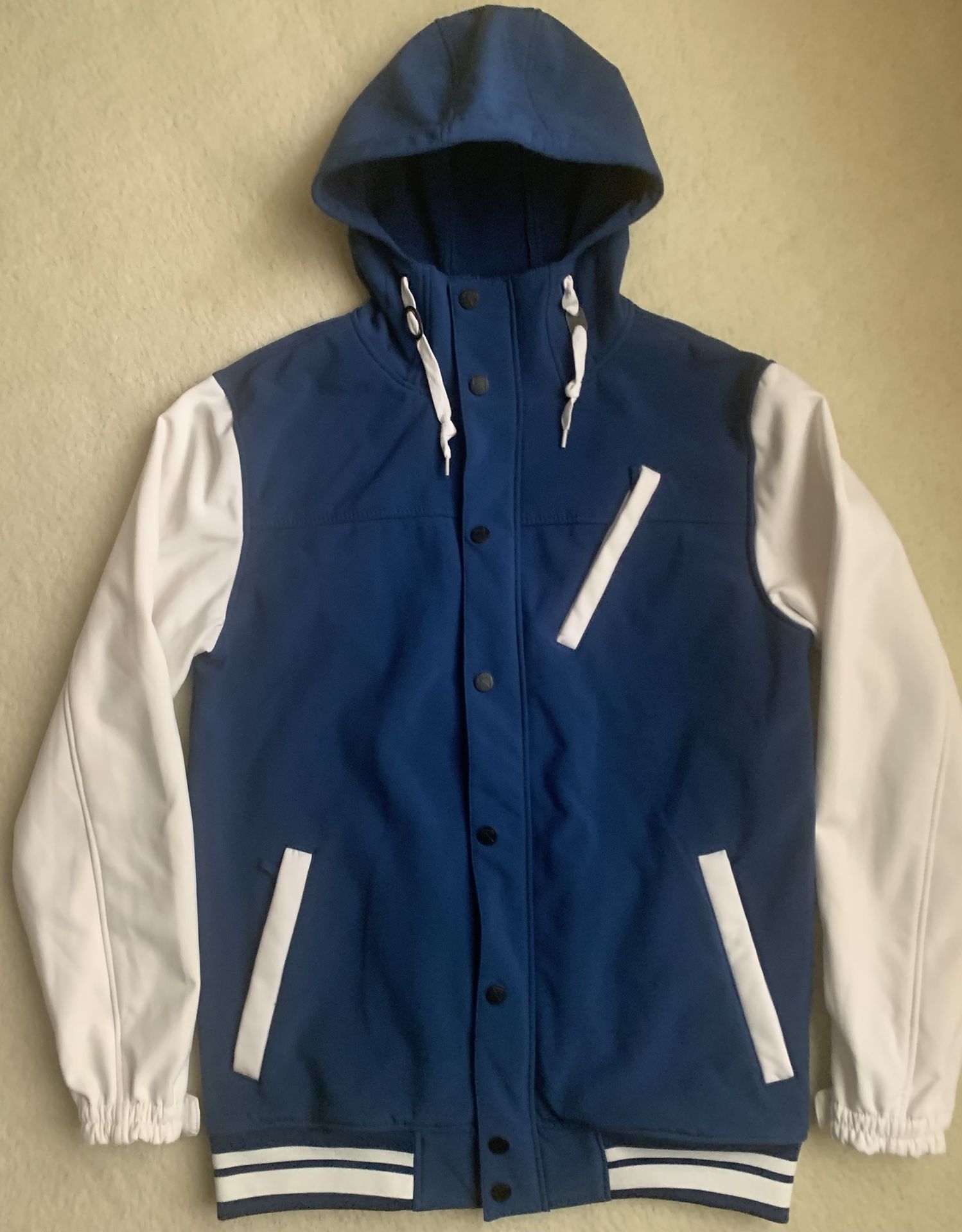 Fleece Lined Waterproof Full Zip Button Snap On Blue White Colorblock Varsity Bomber Jacket Size Sz Men’s Medium M Tall MT New NWOT