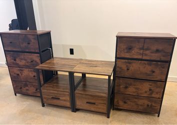 Set of Dressers & Side Tables in Worn Wood & Black