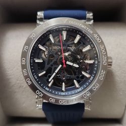 NEW Michael Kors Greer Silver Navy Blue Men's Automatic Skeleton Watch MK9040