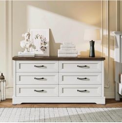 Heavy-Duty Storage Chest with Extra Thick Boards，59inch Farmhouse 6-Drawer Dresser for Bedroom