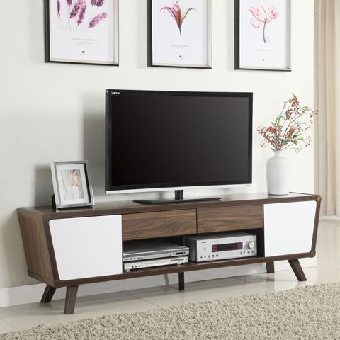 💎2-door Engineered Wood 74" TV Media Stand Dark Cabinet Walnut Finish White💎