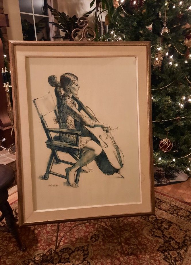 Large Original Vintage Ink Pen w/ Charcoal Sketch drawing signed