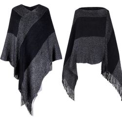 Womens Poncho Sweater V Neck Striped Pullover Soft Scarf Wrap Cape with Fringes
