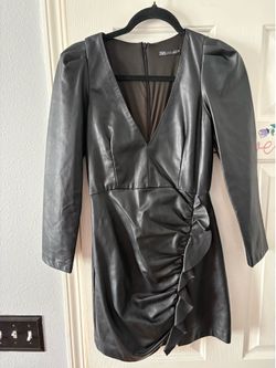 Zara Black Faux Leather Ruffle Dress Size XS