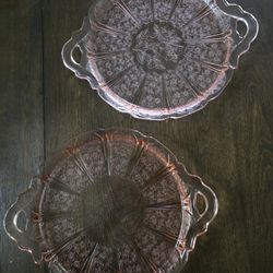 Two Pink Cherry Blossom Depression Glass 10 Inch Serving Plates With Handles