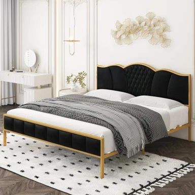 King Size Metal Bed Frame, Modern PU Upholstered Platform Bed Frame with Tufted Headboard, Black and Gold