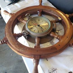 Vintage Nautical Brass Wood Ship Wheel Clock 