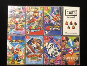 Nintendo Lot of 8 Games(Mario Kart Odyssey Tennis Rabbids Doney Kong Toy-Con Just Dance etc..)
