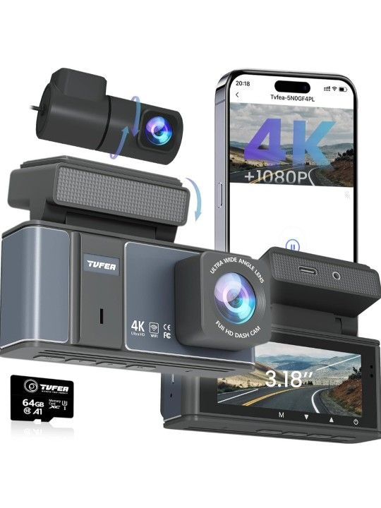 Dashcam Front and Rear Camera,TVFEA Dash cam 4K,Dual Dash Camera for Cars with Wi-Fi,3.18" LCD Screen,64GB Card,APP Control,Night Vision,WDR