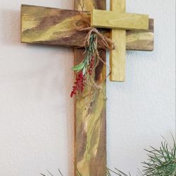 🌱Solid Wood Cross ::: 24"H X 14"W X 3-1/2"D ::: Distressed Havana Coffee/Oregano