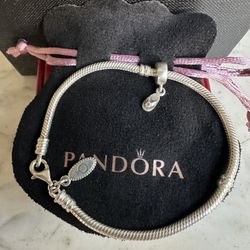 Authentic PANDORA ALE, 925 Sterling Silver Snake Chain Bracelets/ Pandora Charm , Both Hallmarked , Lobster Closure , Size 7.5in.
