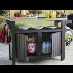 NEW Keter Unity XL Outdoor Kitchen Bar Rolling Cart with Storage Cabinet black