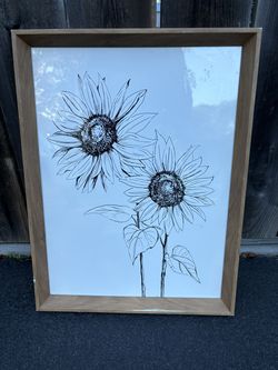 Framed Black and White Line Drawings Sketch Print Sunflowers  13” x 17” Wall Hanging Art Artwork