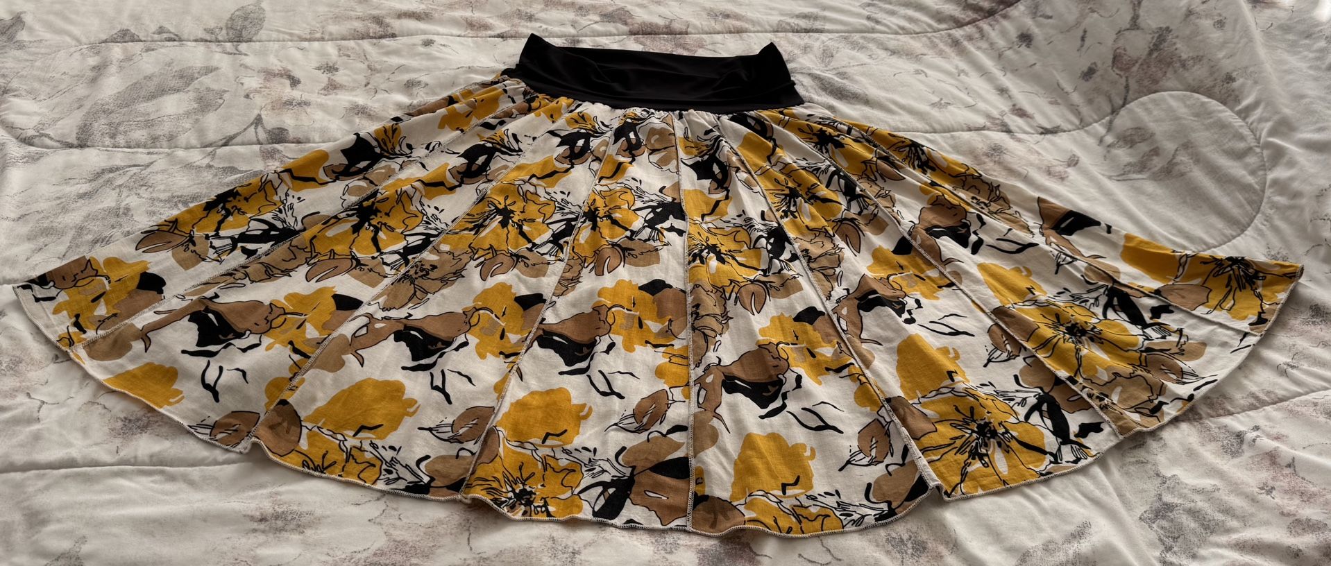 Susan Bristol Linen Blend White Mustard Floral Lined Fit & Flare Midi Skirt, size M