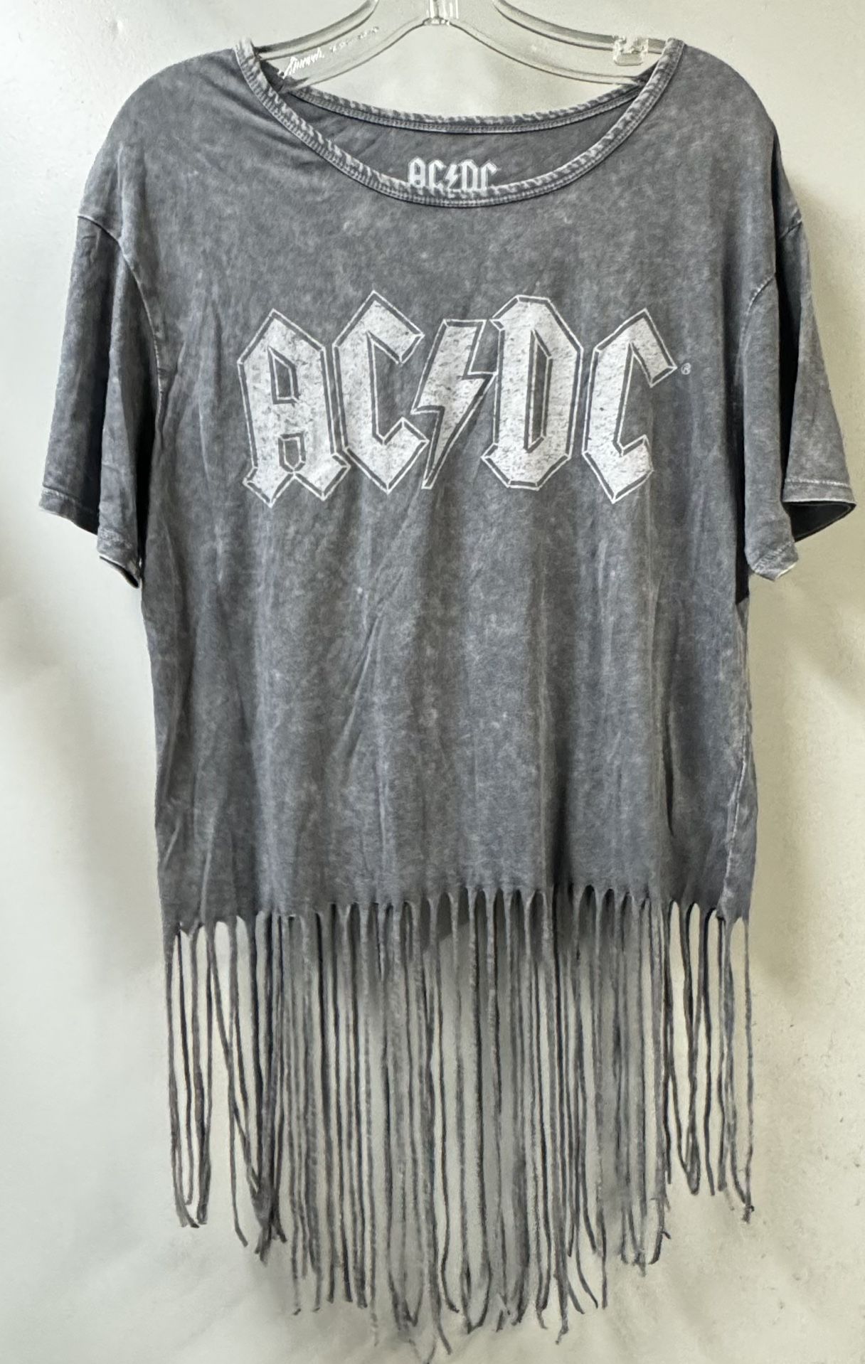 AC/DC Rock Band Women's Size L Gray Acid Wash Fringe Bottom Tee Shirt Top