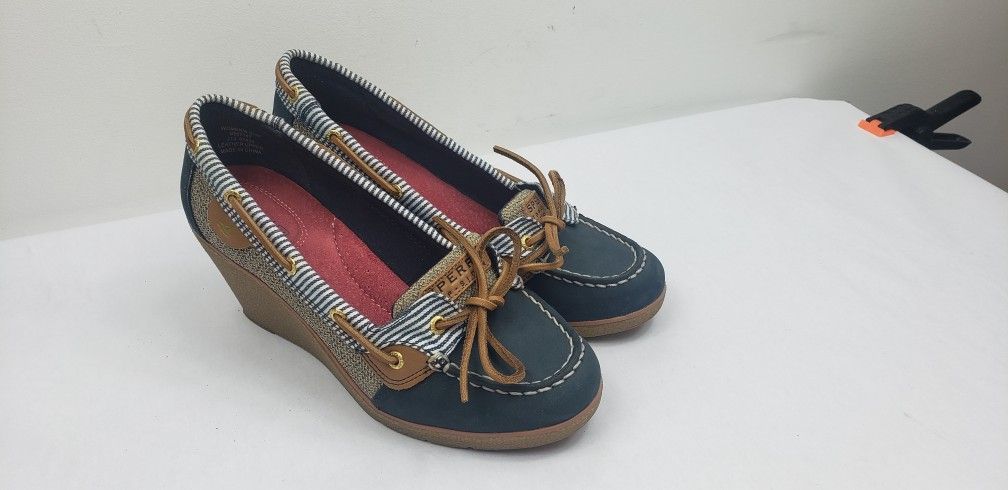 Sperry Womens 8.5 M Boat Deck Shoes Platform Wedge Heels Blue Lace Up
