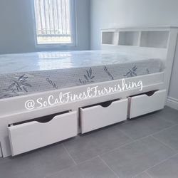 White Full Bed With Storage And Memory Foam Mattress 