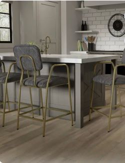 Beautiful Set of 3 Modern Dark Gray faux Suede & Gold Kitchen Island Counter Height Bar Chairs  with Gold Metal Arms/Legs – Excellent Condition