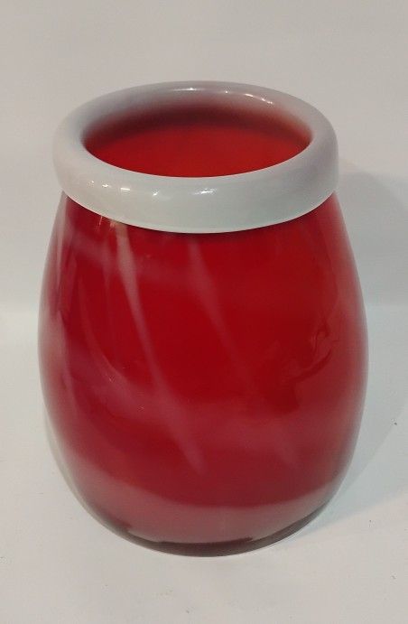RED GLASS VASE WITH WHITE RIM – EXCELLENT CONDITION