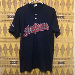 Vintage Large Cleveland Indians Russell baseball t-shirt used great condition navy blue buttons on front number 21 on the back old Russell sports athl